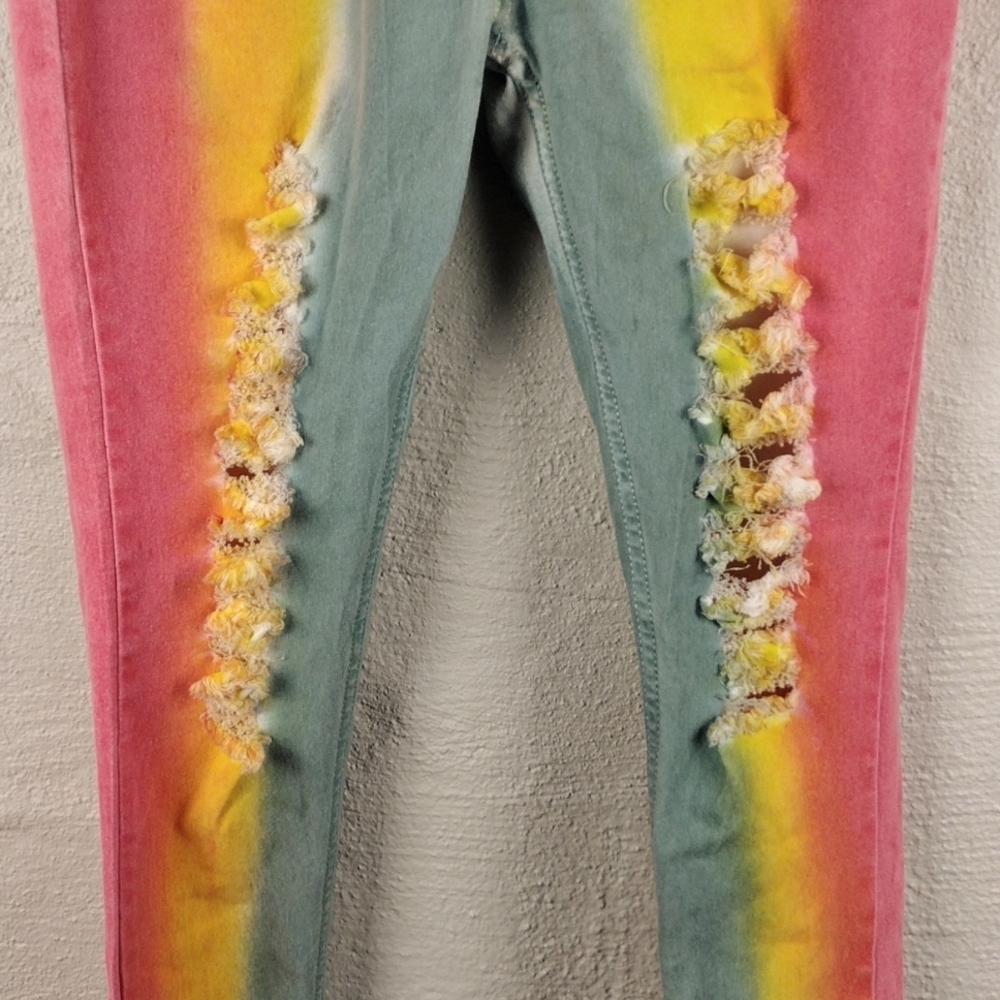 Go Glory Pink Yellow Tie-Dye Mid Rise Button Zip Ripped Skinny Colored Jeans - Picture 3 of 16